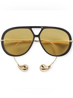 Bottega Veneta Black Frame Gold Temples Yellow Lenses Aviator Sunglasses